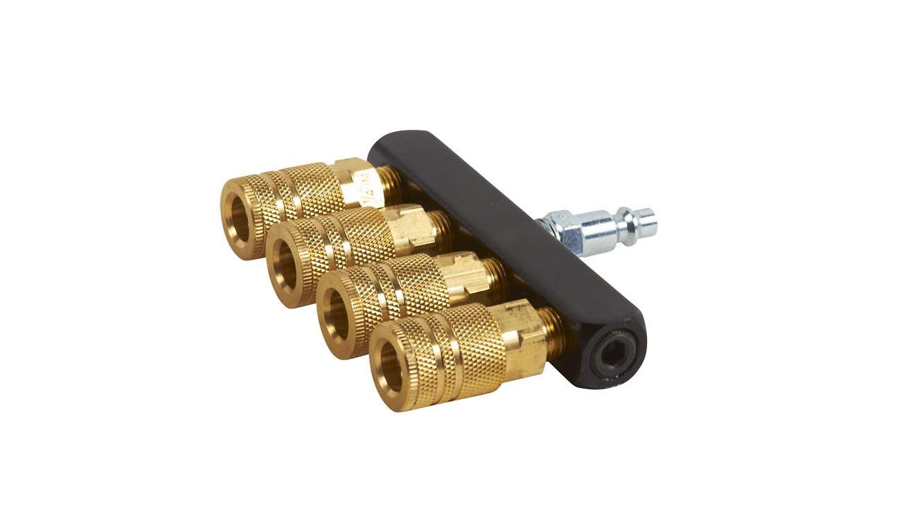 Metabo HPT 115315M, 4 Way Splitter Aluminum and Brass Straight Manifold with 4 Couplers and Plug 1/4'' NPT Female