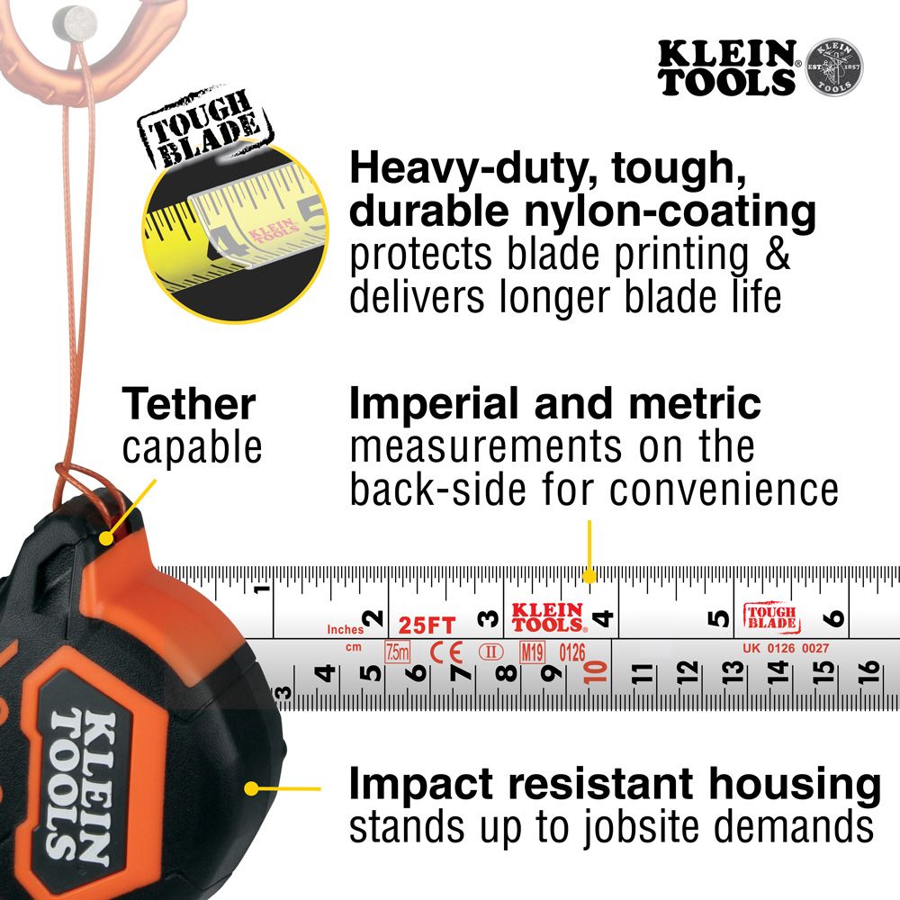 Klein Tools 9375, Tape Measure, 7.5-Meter Magnetic Double-Hook