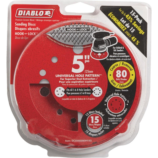 Diablo DCD050080H15G, 5" Sanding Disc Hook and Lock 80 grit (15/pkg)